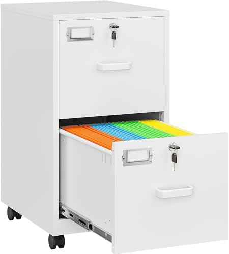 SISESOL 2 Drawer File Cabinet with Lock and Wheels,White Rolling File Cabinets,Locking Mobile Metal Filing Cabinet for Home O