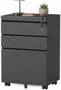 Fully Assembled 3 Drawer Mobile File Cabinet with Lock, Black