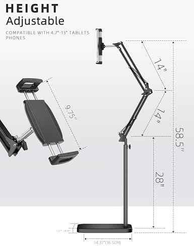 BluuSuuk Tablet Floor Stand with 11lb Stable Base - Adjustable Height Stretchable Arm Swivel Holder Mount, Com — view 4