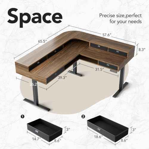 PerledesignL Shaped Standing Desk with 6 Drawers and 2-Tier Storage, Walnut — view 2