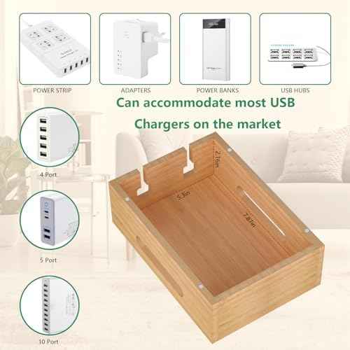 Bamboo Charging Station for Multiple Devices, Multi-Port USB Charger Organizer Stand for Phone, Earphone, Smar — view 5