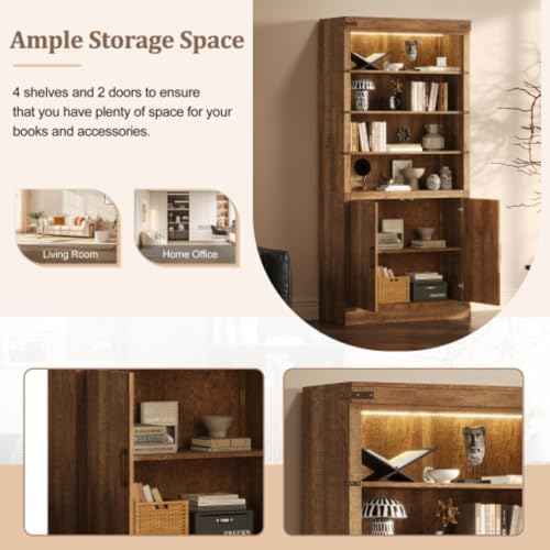 83.4" Roman Column Bookcase with Double Door Cabinet, 5 Tiers Tall Bookshelf Shelves Storage Anti Tip Kit, Cla — view 6