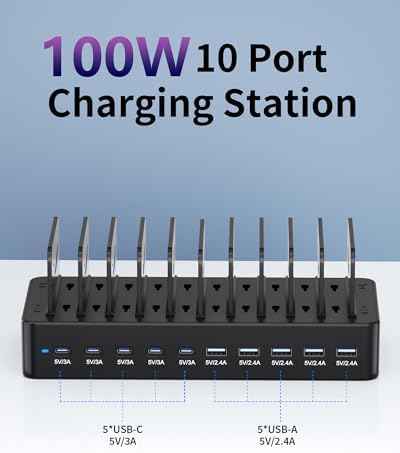 100W Charging Station for Multiple Devices, 10-Port USB Fast Charger, Black — view 2