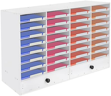 Literature Organizers, 32 Compartments Office Mailbox with Adjustable Shelves and 2 Drawers, Wood Literature Sorter 39.4*12*2