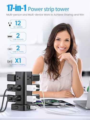 Tower Power Strip with 15W Wireless Charger, 10FT Flat Plug Extension Cord with Multiple Outlets, 12 AC Outlet — view 3