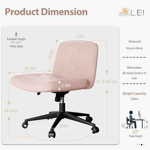 SUNLEI Cross Legged Office Chair with Wheels, Armless Wide Chair's for Vanity Desk, Criss Cross Comfy Chairs w — view 2