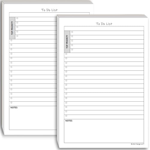 Life Charge To Do List Notepads for Work, Daily Checklist Planner Pads with Priority & Notes, 2 Pack, 100 Pages Total, 8.5 x 