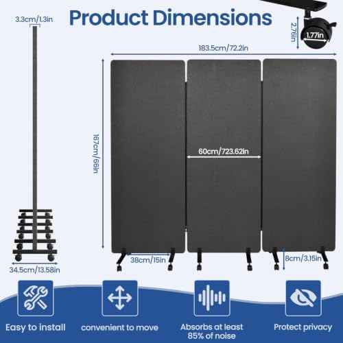 72in 3-Panel Soundproof Room Divider with Wheels, Heavy-Duty Acoustic — view 2