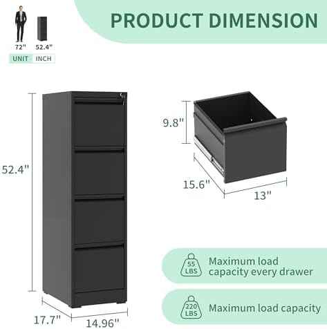 File Cabinet 4 Drawer with Lock, Vertical Filing Cabinets for Home Office, Metal Steel Storage Cabinet for Let — view 3