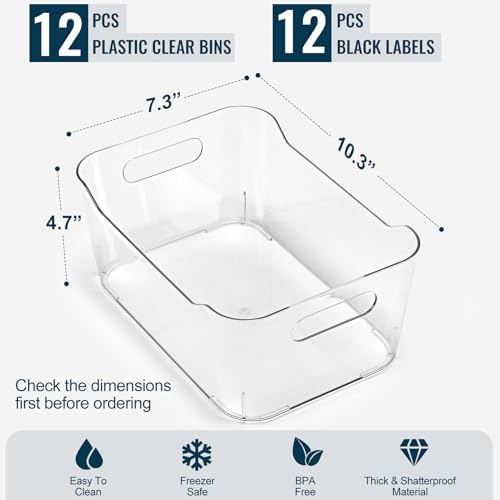 12 PACK Multi-Use Clear Plastic Storage Bins for Organizing w/Labels - Home, Kitchen, Pantry, Bathroom, Office — view 7