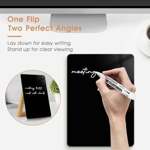Desktop Black Glass Dry Erase Board, 9.5" x 6.7", Adjustable Wood Stand — view 2