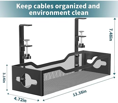 Under Desk Cable Management Tray No Drill, Metal Mesh Cable Management Under Desk with Clamp Mount, 2 Hole Cab — view 7