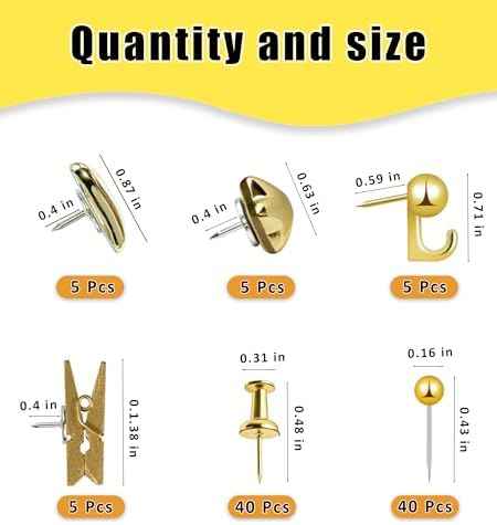 KEYDUACU 150 Pcs Gold Push Pins Set, Metal Thumb Tacks, Decorative Push Pins for Cork Board with Hook Clip, 6  — view 4
