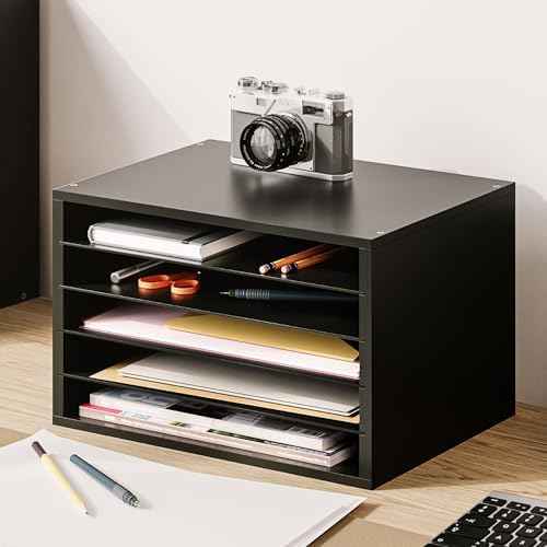 Ballucci 5 Tier Paper Organizer Letter Tray, Wood Desk File Organizer with Adjustable Shelves, Home Office Sch — view 2