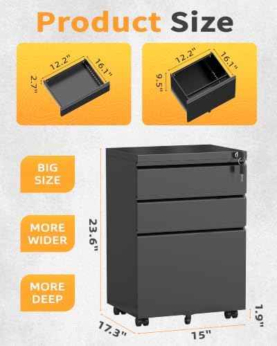 Fully Assembled 3 Drawer Mobile File Cabinet with Lock, Black — view 3