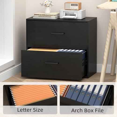 2 Drawer Lateral File Cabinet, Printer Stand Black Filing Cabinets for Home Office and School, Wood Rattan Fil — view 5