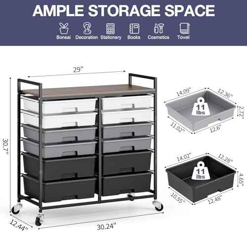 TOOLF 12 Drawers Rolling Storage Cart with Wooden Top for Classroom,Grey — view 3