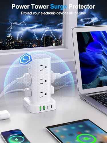 Power Strip Tower with Multiple Outlets, Flat Plug Surge Protector Tower Extension Cord with 12 AC Outlets 4 U — view 5