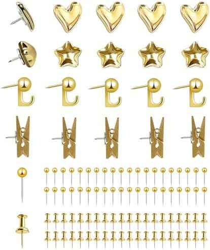 KEYDUACU 150 Pcs Gold Push Pins Set, Metal Thumb Tacks, Decorative Push Pins for Cork Board with Hook Clip, 6 Style Office Ac