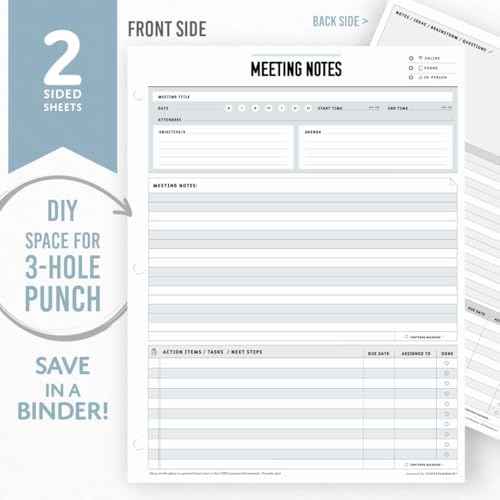 Meeting Notepad - 8.5 x 11-50 Sheets Double Sided Work School Meeting Pad Objectives, Agenda, Notes, Action, T — view 4