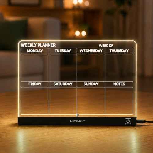 LED Weekly Planner Board with Light, Always On Acrylic Weekly Planner, Slim Design Fits Anywhere, 7 Color Dry Erase Board, We
