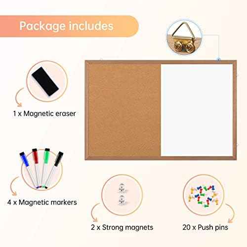 Combination Magnetic Whiteboard Cork Bulletin Board, 24" X 18“ Combo Dry Erase White Board Cork Pin Board for  — view 3