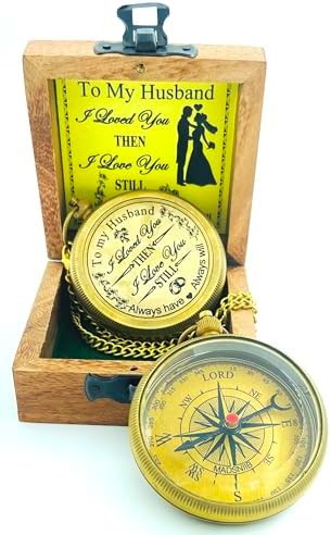 MADSNIIB Engraved Compass with Wooden Box, Antique Compass for him, Handmade Gift Ideas for Office,Home Decor, To My Husband 