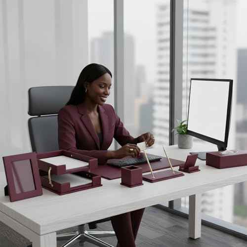 Leather Desk Set,13-Piece Desk Organizer Set, Executive Office Accessories with Desk Pad & Blotter, 2-Tier Tra — view 2