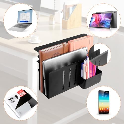Desk Side Storage, 2 Tier Steel Hanging Organizer, No Drill Side Desk Organizer, Laptop Holder, with Pen Holde — view 4