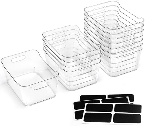 12 PACK Multi-Use Clear Plastic Storage Bins for Organizing w/Labels - Home, Kitchen, Pantry, Bathroom, Office — view 2