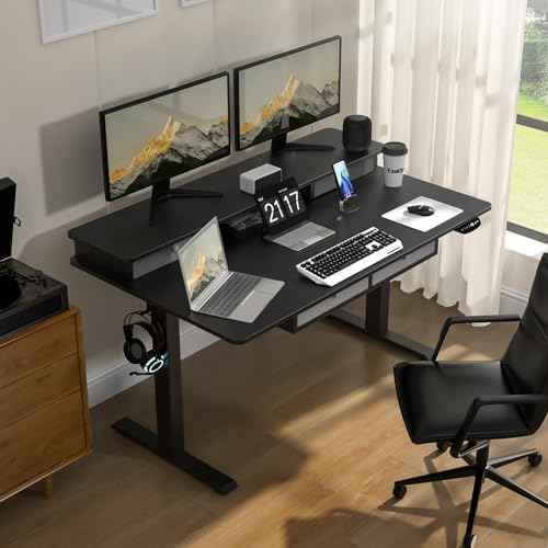 Electric Standing Widened Desk 63 * 30 Inches Adjustable Height with 4 Drawers, Double Storage Shelves Stand U — view 2