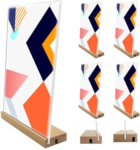 8.5 x 11 Acrylic Sign Holder with Wood Base 5 Pack L/T Shape Vertical or Slant Back Display for Wedding, Restaurant, Office, 