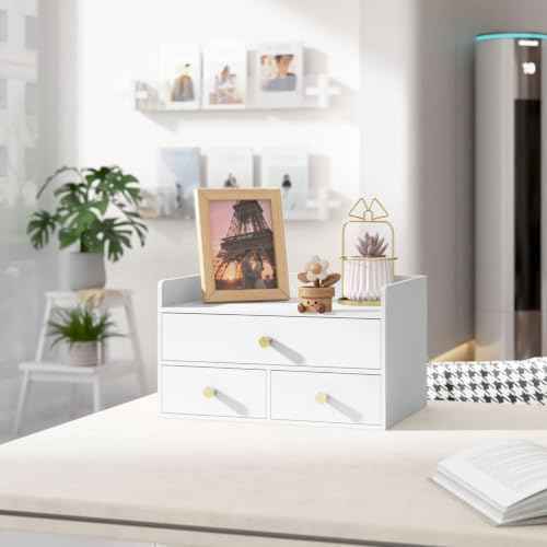 Bamboo Desk Organizer with Drawers,Wooden Desktop Storage(3 Drawers,White) — view 4
