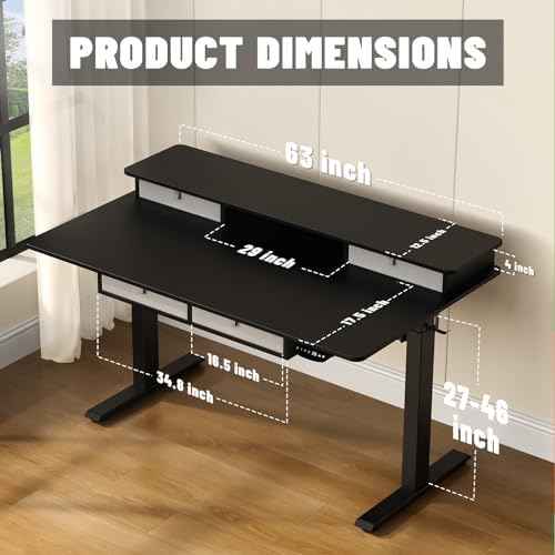 Electric Standing Widened Desk 63 * 30 Inches Adjustable Height with 4 Drawers, Double Storage Shelves Stand U — view 3