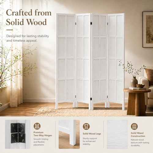 4 Panel Solid Wood Room Divider Folding Privacy Screen White — view 3