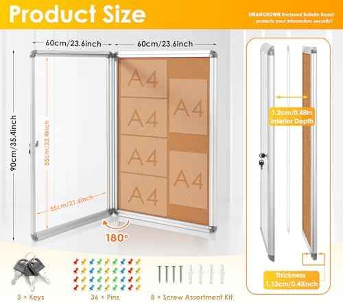 SWANCROWN 36x24 in Enclosed Bulletin Board, Lockable Cork Board Wall 6xA4 — view 2