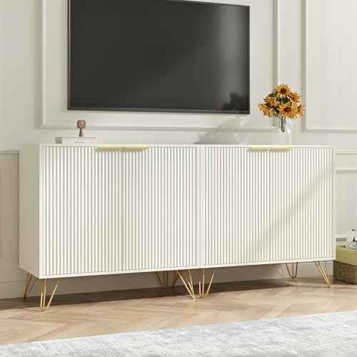 Fluted Storage Cabinet Sideboard Accent Cabinet with 2 Doors, White, 1PC丨Buffet Cabinet with Metal Legs and Ad — view 3