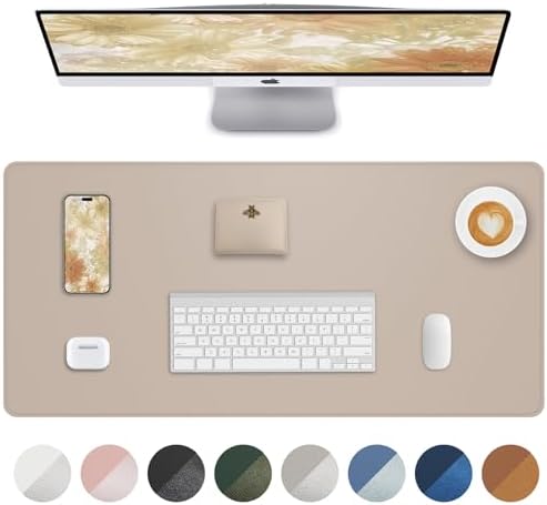Leather Desk Protector, Large Mouse Pad, Non-Slip, Waterproof PU Leather Blotter Mat, Desk Cover for Office and Home (Beige, 