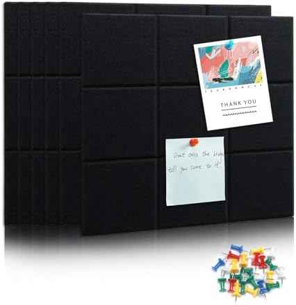 6 Packs Black Cork Board Felt Board Tiles, Bulletin Board 12"X12" with 30 Push Pins, Felt Board for Home Kitchen Office Decor