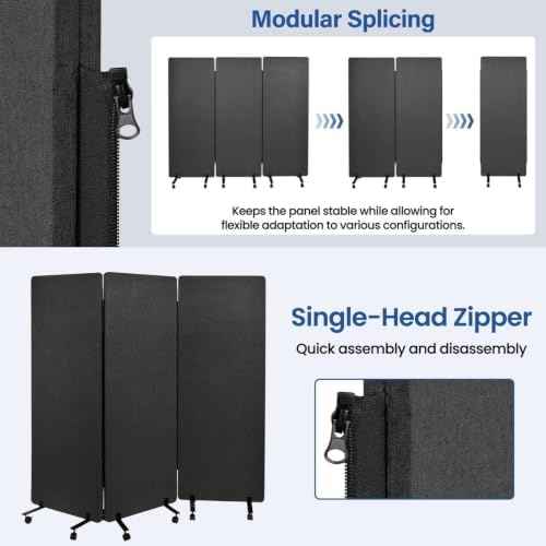 72in 3-Panel Soundproof Room Divider with Wheels, Heavy-Duty Acoustic — view 3