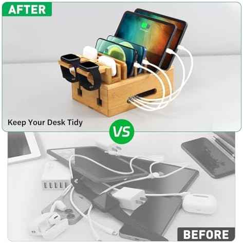 Bamboo Charging Station for Multiple Devices, Multi-Port USB Charger Organizer Stand for Phone, Earphone, Smar — view 6