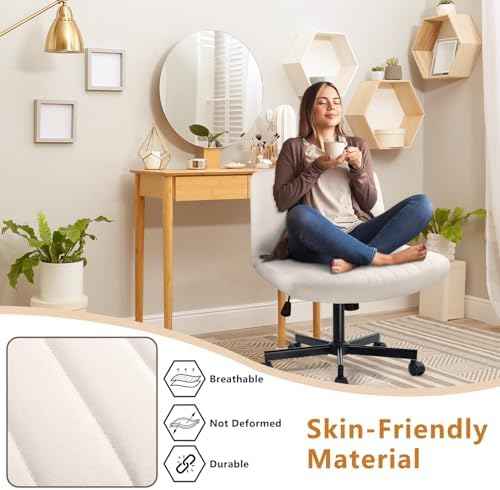 Criss Cross Chair with Wheels, Cross Legged Office Vanity Chair with Wheels, Comfortable Beige Vanity Chair wi — view 3