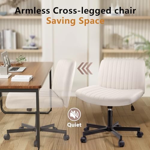 Criss Cross Chair with Wheels, Cross Legged Office Vanity Chair with Wheels, Comfortable Beige Vanity Chair wi — view 7