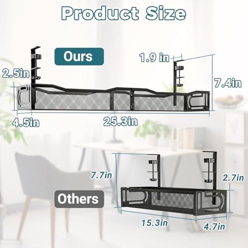 25.3-Inch Clamp-On Metal Under-Desk Cable Management Tray, Black — view 2
