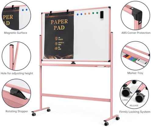 Large Dry-Erase Rolling Magnetic Whiteboard - 48 x 32 Inches Dry Erase Board with Stand Height Adjust Double S — view 3