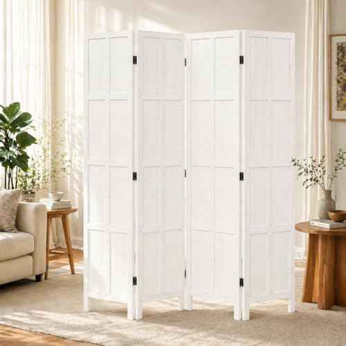 4 Panel Solid Wood Room Divider Folding Privacy Screen White