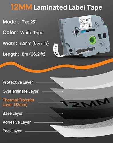 Replacement Brother P-Touch Label Tape, Tze Tape 12mm 0.47 Laminated White Tze-231 Tz 231 Tapes Compatible wit — view 3