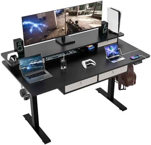 Electric Standing Widened Desk 63 * 30 Inches Adjustable Height with 4 Drawers, Double Storage Shelves Stand Up Desk, Home Of
