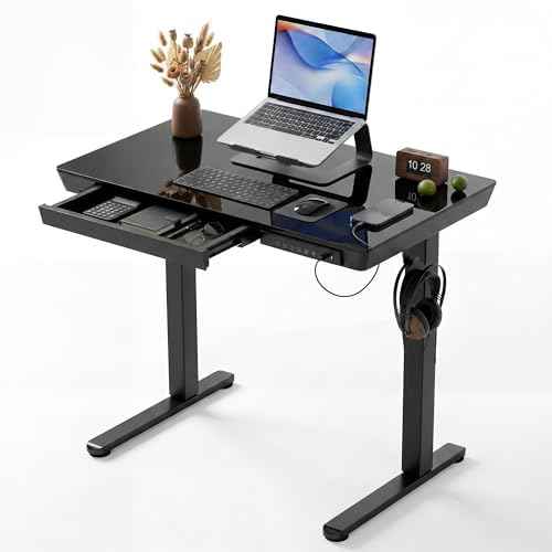 INNOVAR 32" Small Glass Standing Desk with Drawers & USB Ports, Whole-Piece Glass Top Adjustable Height Desks, Quick-Install 