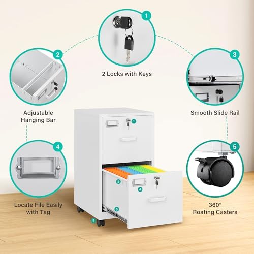 SISESOL 2 Drawer File Cabinet with Lock and Wheels,White Rolling File Cabinets,Locking Mobile Metal Filing Cab — view 6